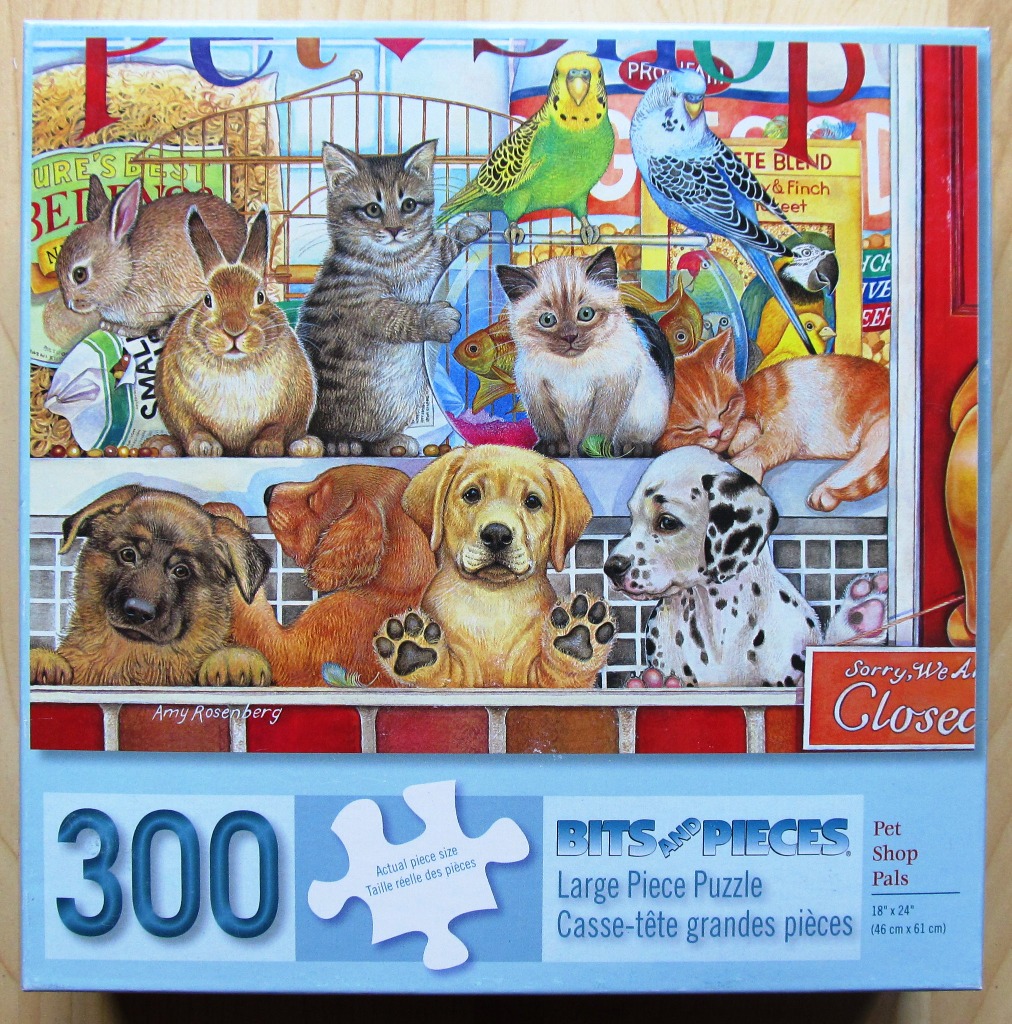 A whimsical illustration of various kittens, puppies, rabbits, and birds gathered in a pet shop window.