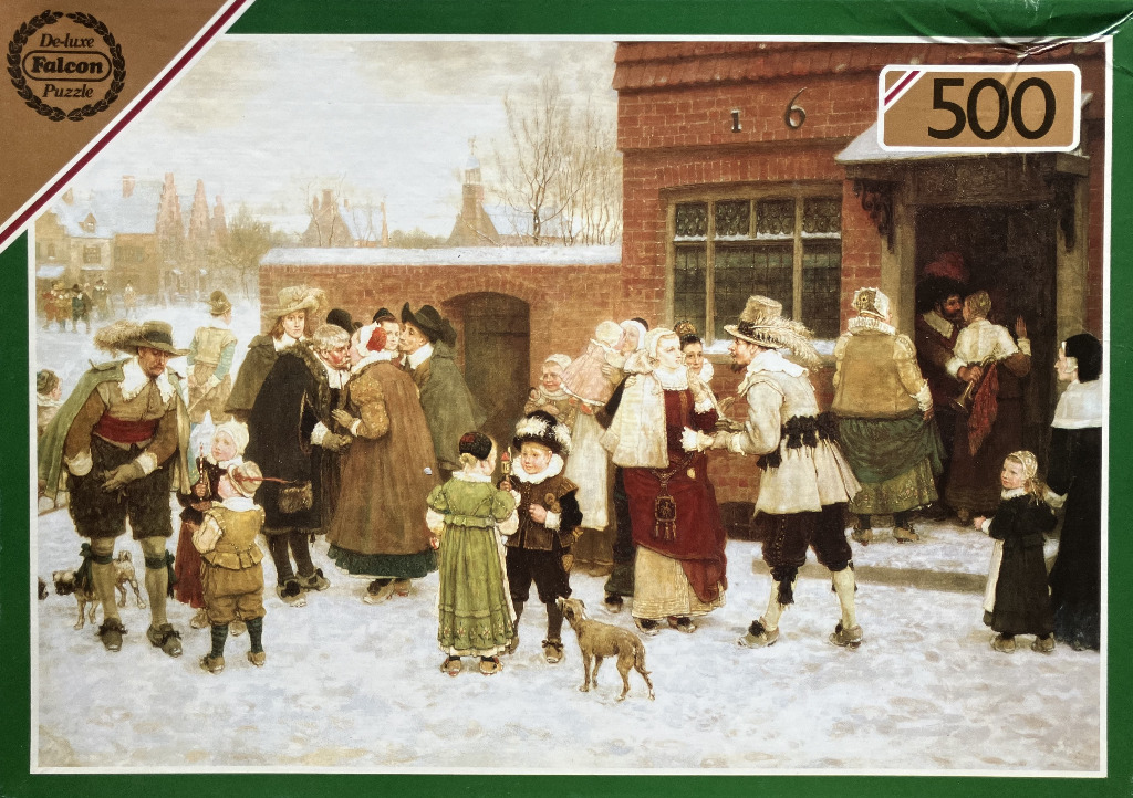 A 17th-century winter street scene featuring figures in period clothing gathering outside a brick building.
