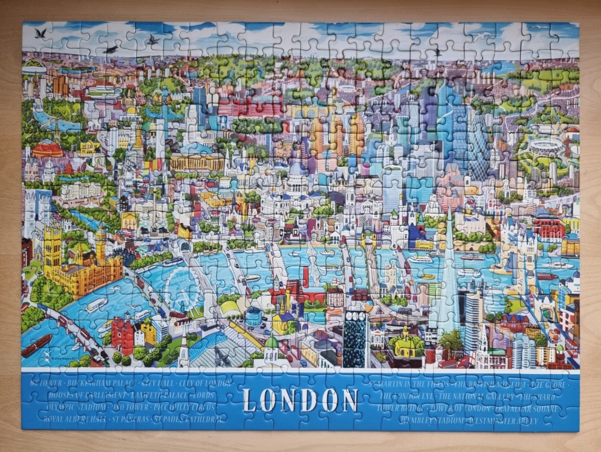 An illustrated, colorful map-style aerial view of London landmarks and skyline.
