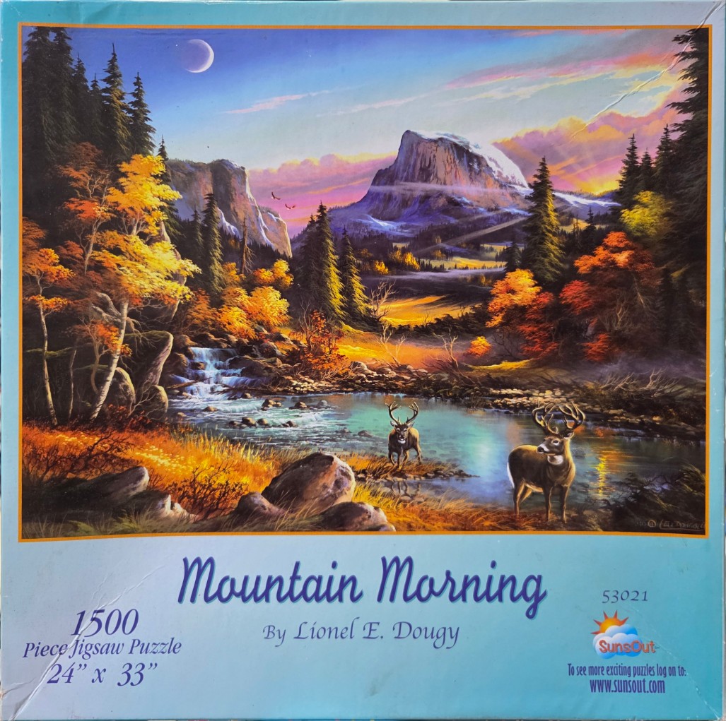 Painting of a scenic mountain landscape at dawn featuring two deer near a stream and a snow-capped peak.