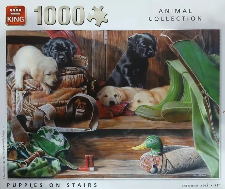 A realistic painting of five Labrador retriever puppies resting on wooden stairs surrounded by hunting gear.