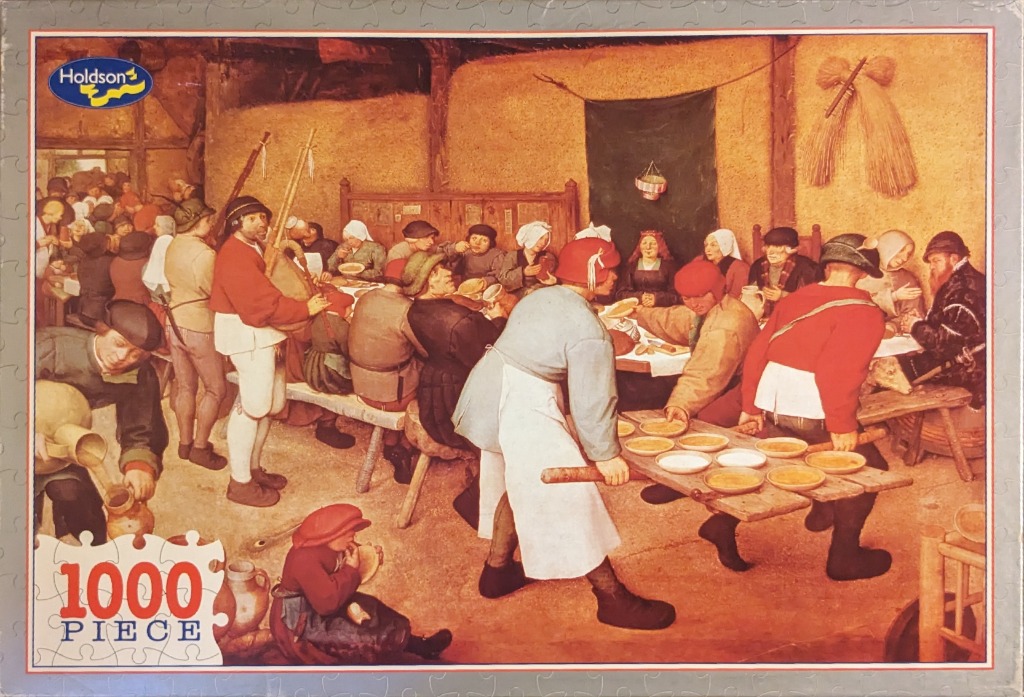 A bustling 16th-century style painting of a peasant wedding feast in a barn, featuring many figures in historical dress.