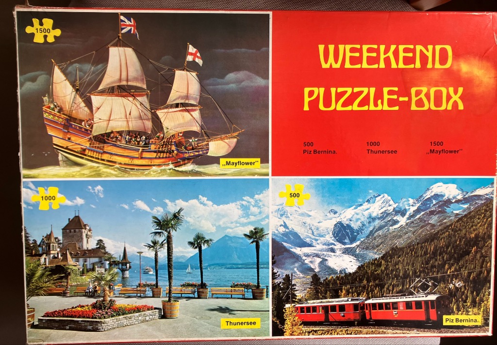 A collage of three scenes: the Mayflower ship, a lakefront view of a castle, and a red train in the Swiss Alps.