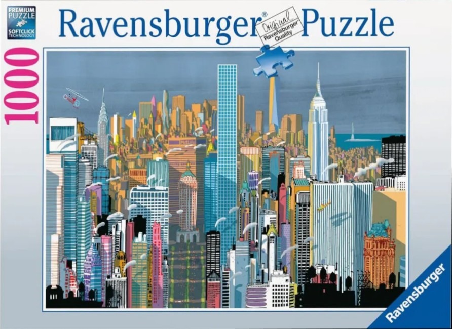 Stylized illustration of the New York City skyline with vibrant colors and geometric buildings.