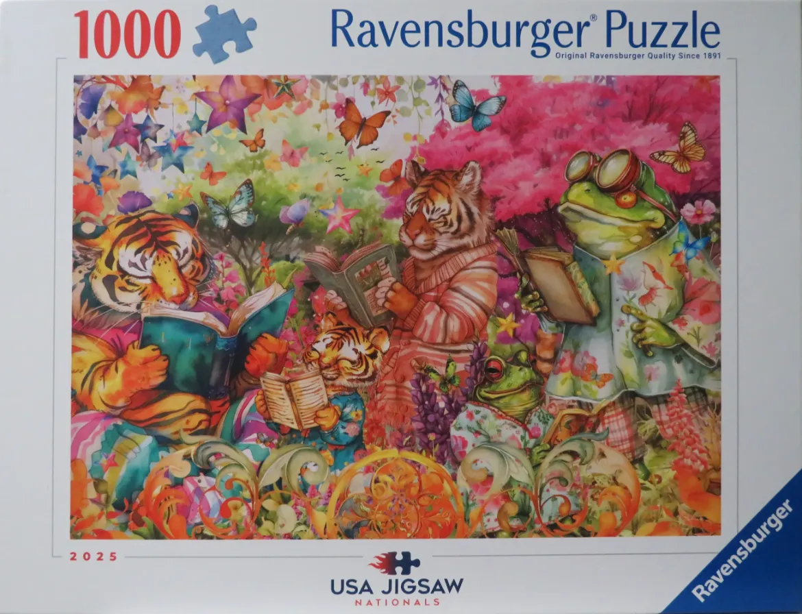 Whimsical watercolor-style illustration of two tigers and two frogs reading books in a colorful, flowery forest garden.