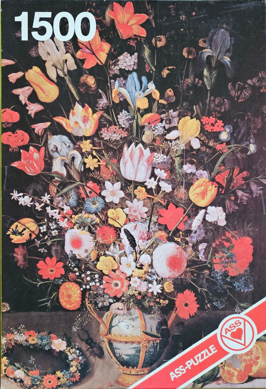 A lush 17th-century style floral still life painting of a bouquet in an ornate vase against a dark background.