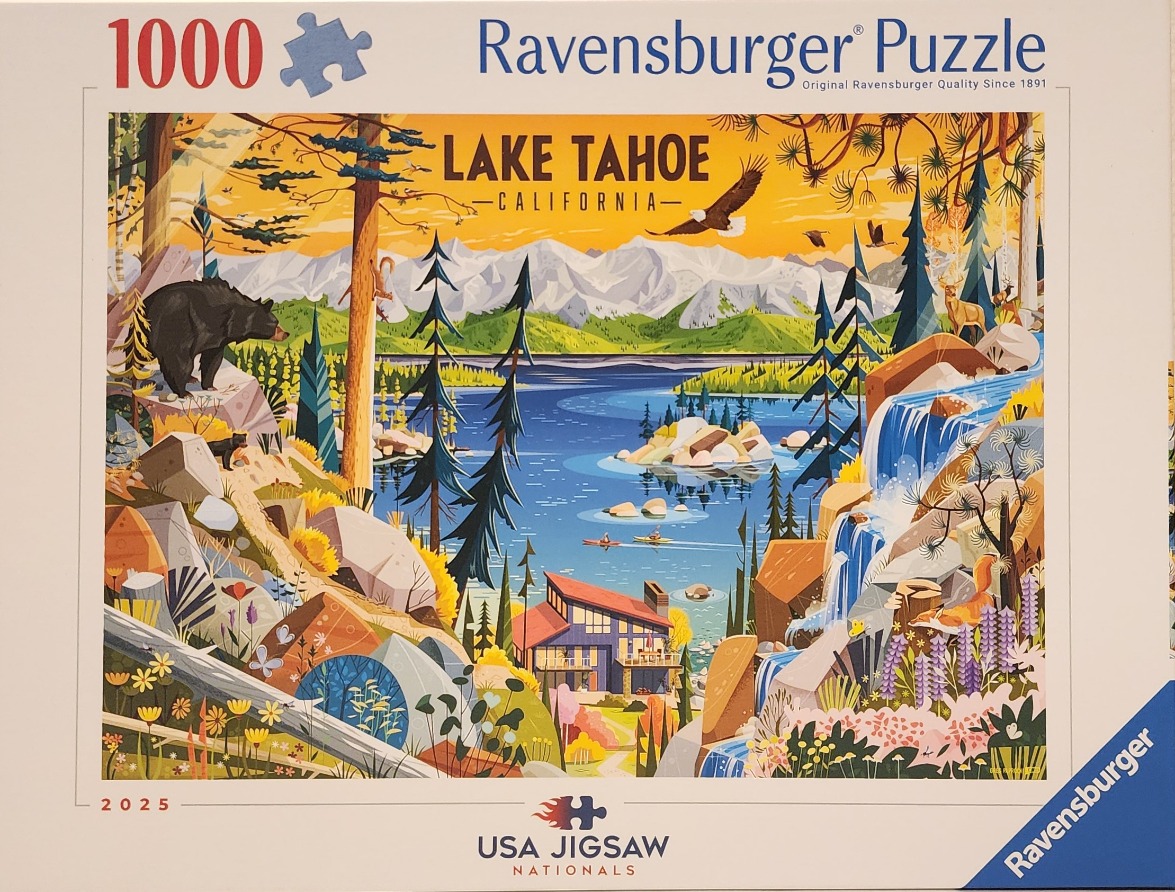Stylized illustration of Lake Tahoe featuring mountains, a forest, a waterfall, and wildlife.