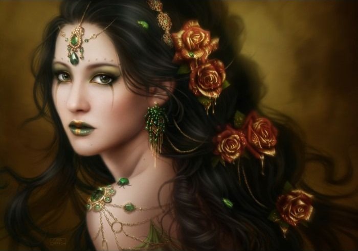 A digital painting of a woman with dark hair and green eyes adorned with gold jewelry and deep red roses.