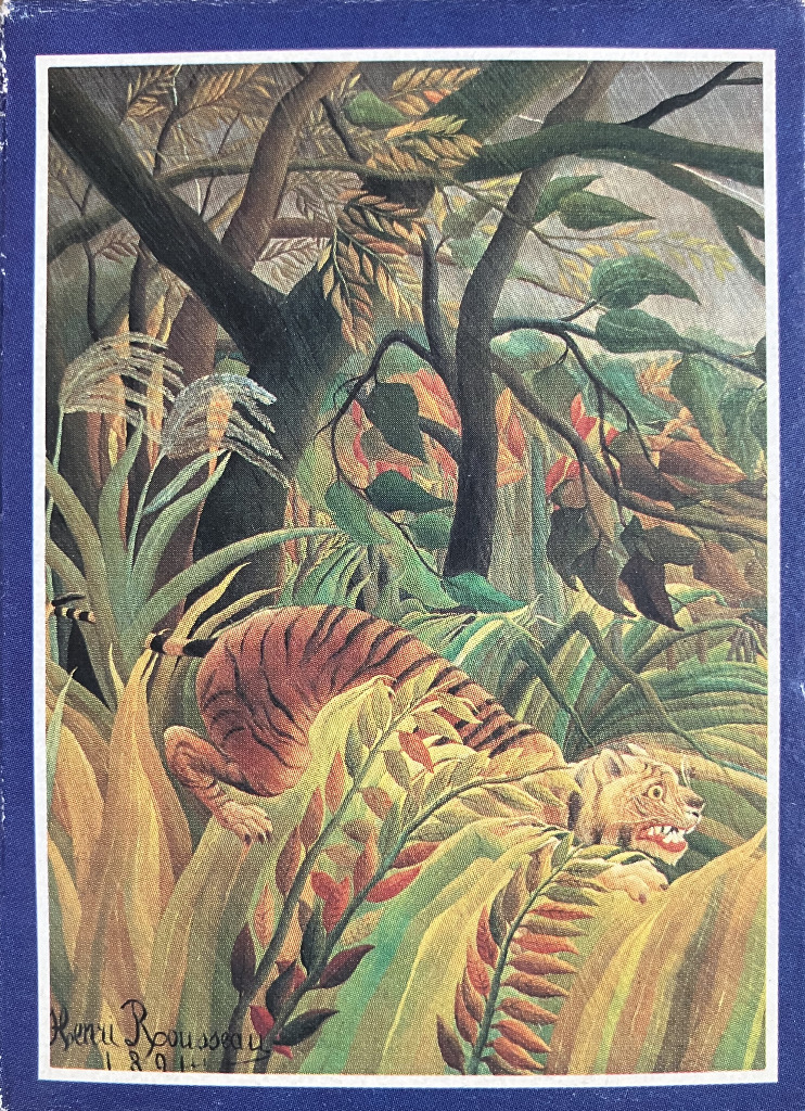 Surprised tiger in a lush jungle, an oil painting by Henri Rousseau.