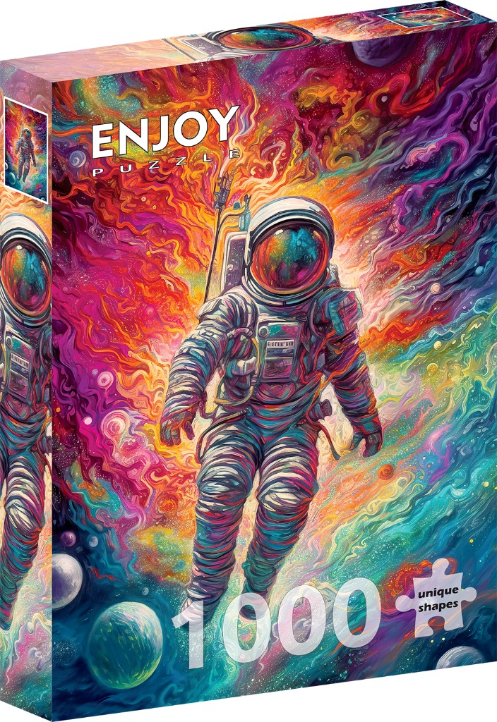 An astronaut floating in a vibrant, psychedelic nebula of swirling colors.