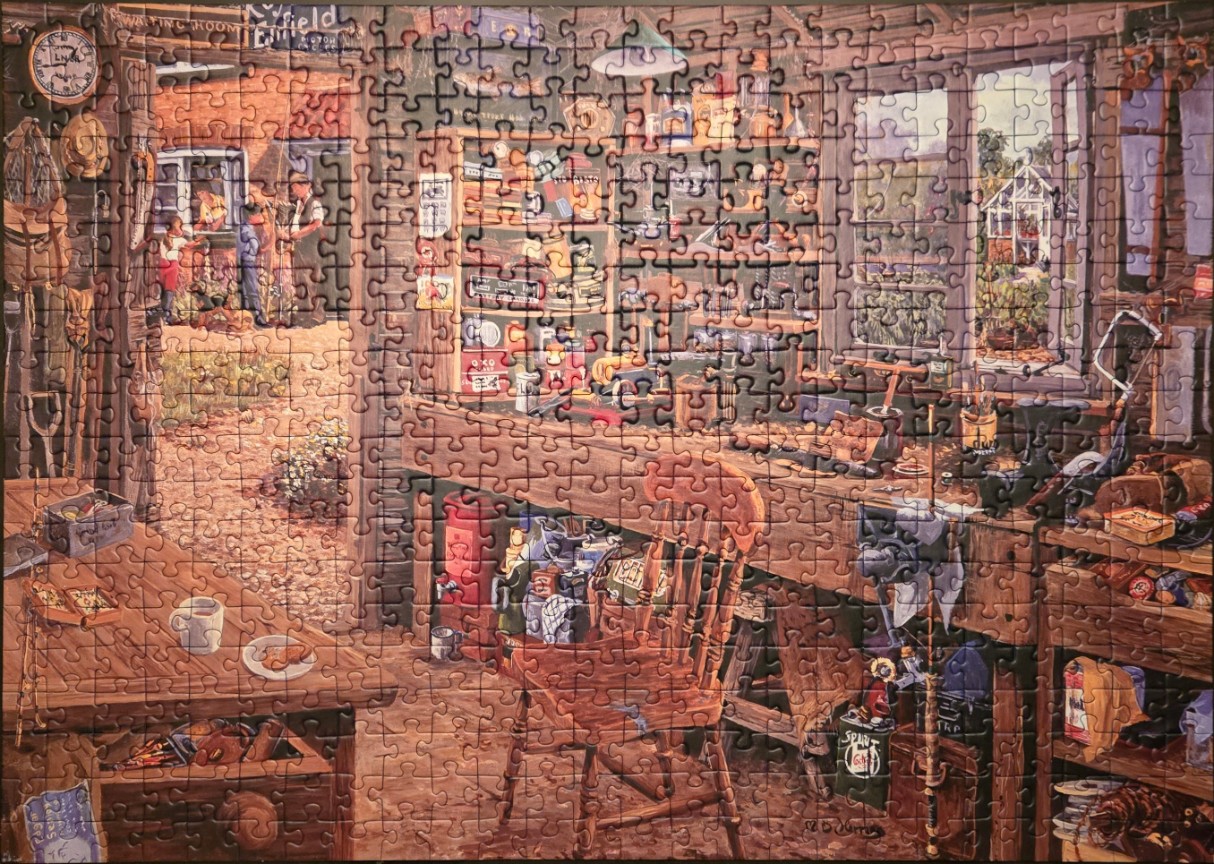 An illustration of a cluttered, warm-toned garden shed workshop filled with tools, a wooden chair, and a workbench.