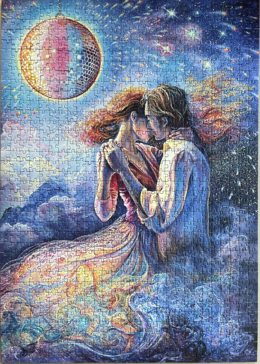 A romantic couple dancing under a disco ball in a starry cosmic sky