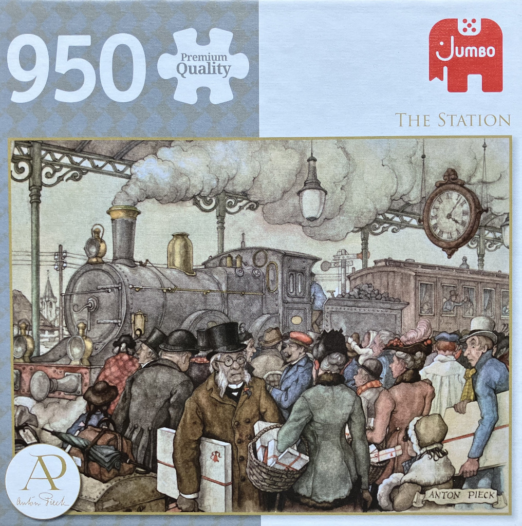 An illustration of a busy Victorian-era train station platform with a steam locomotive and passengers.