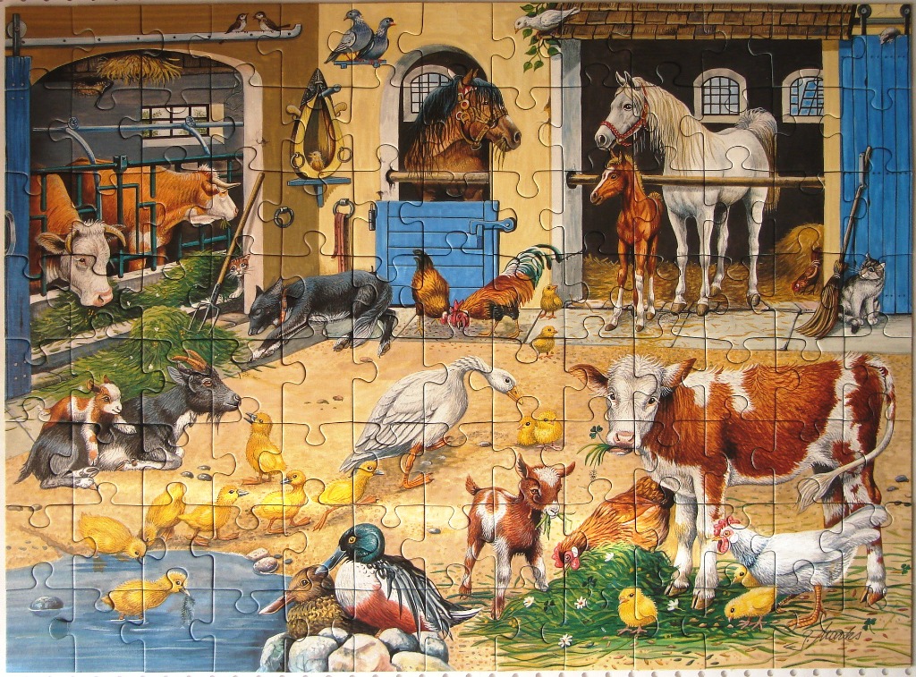 A lively farmyard scene with various animals, including horses, cows, goats, and poultry.