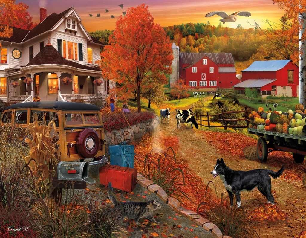 An autumn country scene featuring a house, barns, cattle, a woody station wagon, and a dog on a dirt road.
