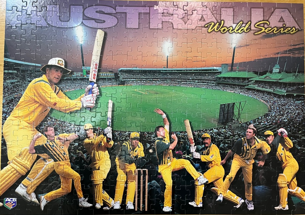 A montage of Australian cricket players in yellow uniforms at a night stadium with the text Australia World Series.