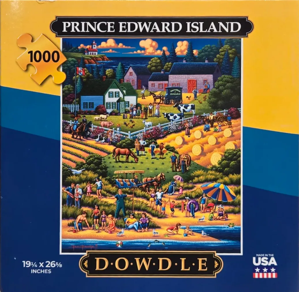 A folk-art style painting depicting a busy Prince Edward Island landscape with a farm, rolling hills, and a sandy beach.