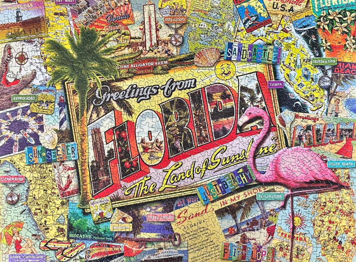 A collage-style souvenir postcard graphic featuring the text 'Greetings from Florida' and a pink flamingo.