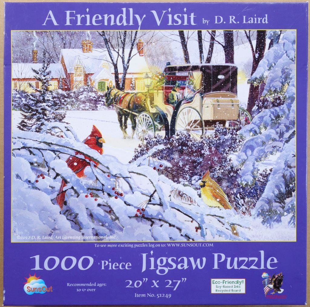 A horse-drawn carriage in a snowy village scene with a male and female cardinal in the foreground.