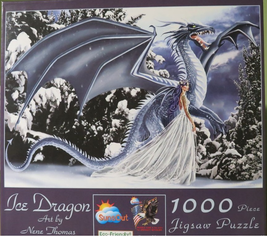 A fantasy illustration of a woman in a white gown standing before a large, blue-scaled ice dragon in a snowy forest.