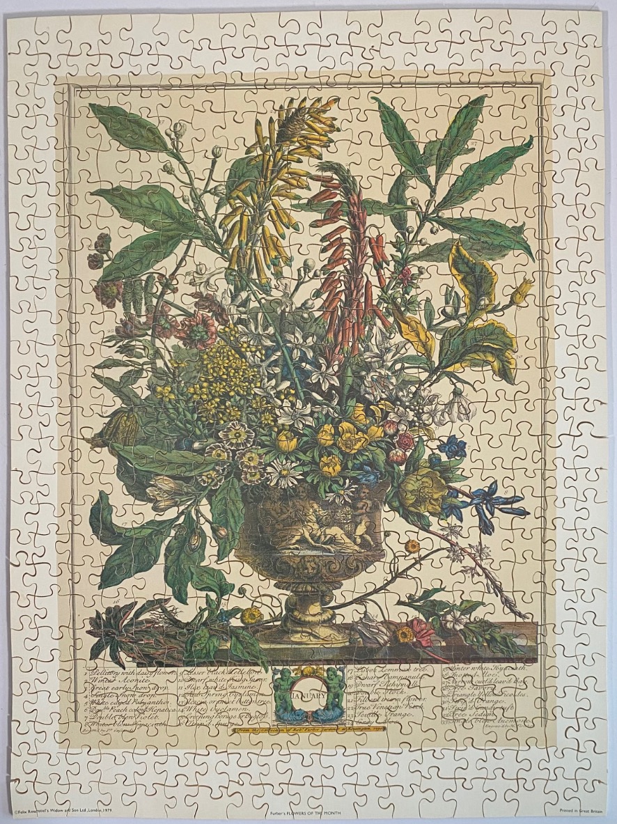 18th-century botanical illustration of flowers for the month of January in a decorative urn.
