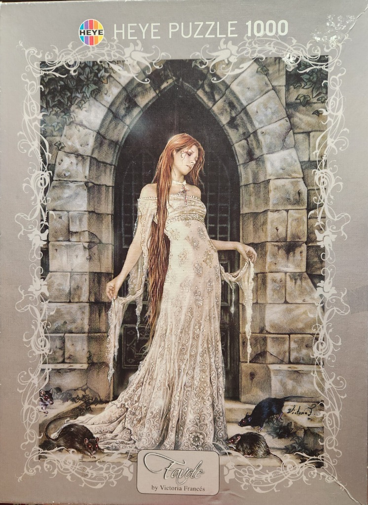 A gothic illustration of a woman in an ornate cream-coloured dress standing before an ancient stone doorway with rats.