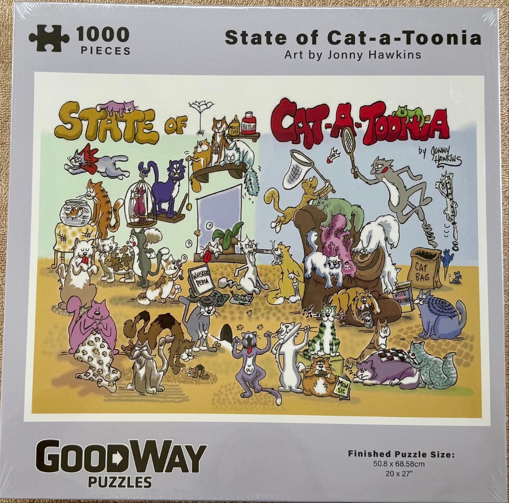 Cartoon illustration titled State of Cat-a-Toonia featuring a large group of cats in various humorous activities.