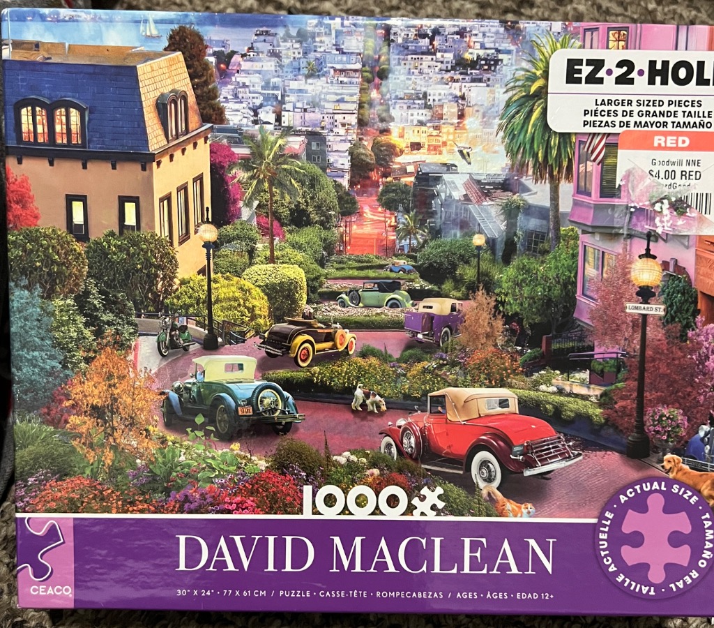 A nostalgic painting of Lombard Street in San Francisco with classic cars driving down the winding path.
