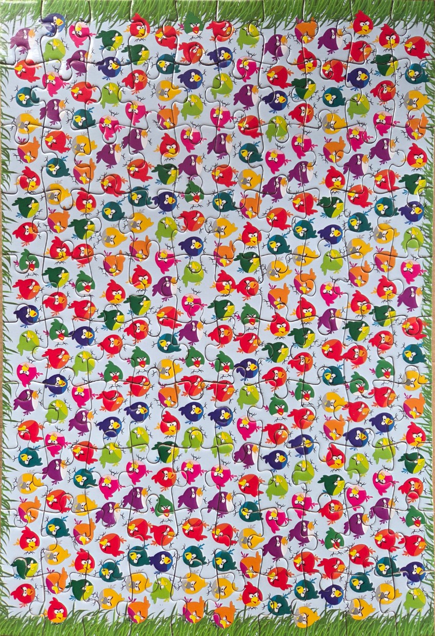 An illustration of many small, colorful, grumpy birds scattered against a light blue background.