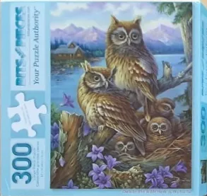 Illustration of a family of owls nesting on a tree branch near a mountain lake.