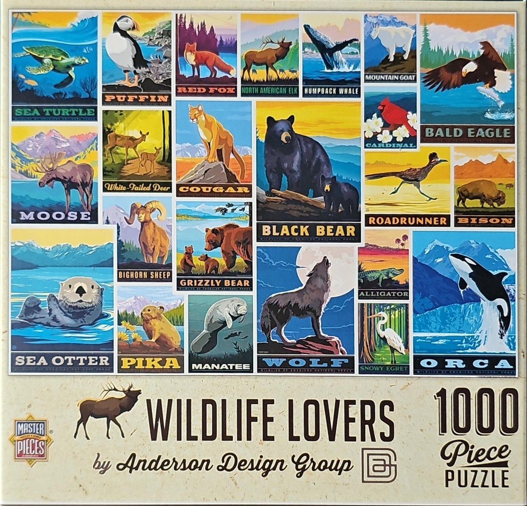 A collage of 24 distinct stylized travel-poster style illustrations featuring various North American wildlife.