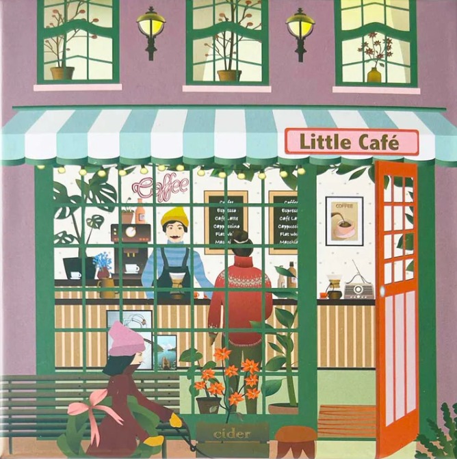 Illustration of a cozy Little Cafe storefront with a person waiting at the counter and a person sitting on a bench outside.