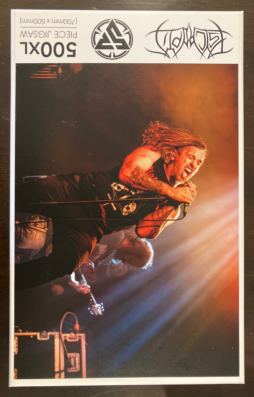 A male rock singer performing on stage under dramatic warm spotlights, captured in a dynamic, high-energy photograph.