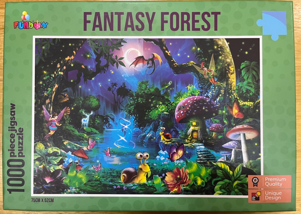 Digital fantasy art of a magical forest with fairies, giant mushrooms, a glowing pond, and a dragon at night.