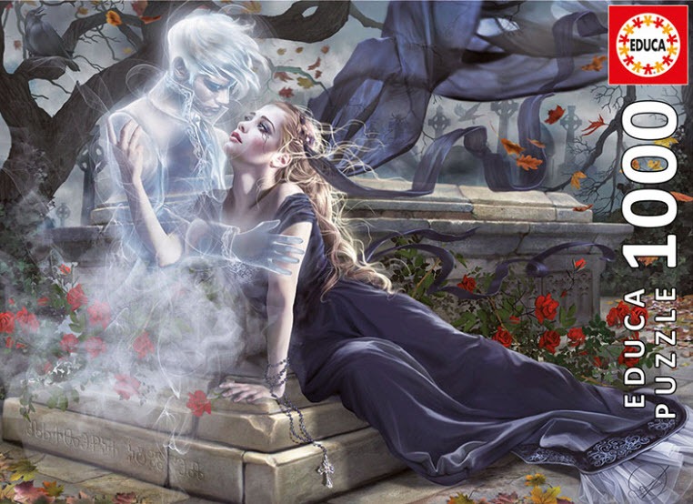 A gothic fantasy illustration of a woman in a black dress embracing the ghostly, translucent spirit of a man in a cemetery.