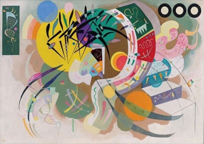 Abstract painting with geometric shapes, lines, and vibrant colors on a light background.
