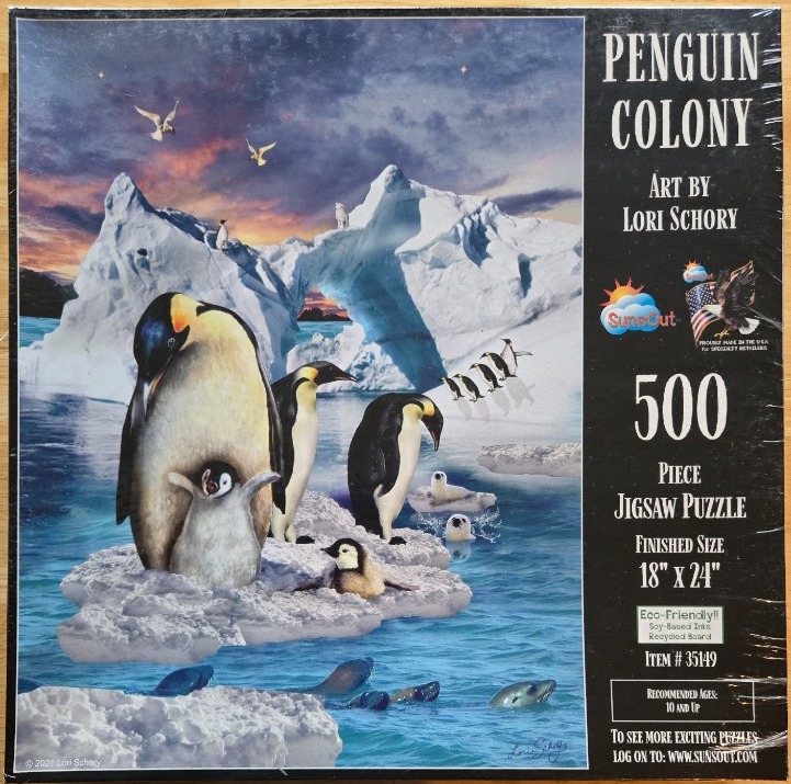 Painting of emperor penguins with chicks on ice floes in a blue polar sea against a sunset sky.