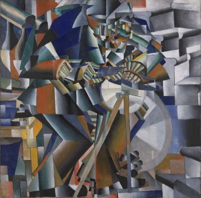 A Cubist painting depicting a person operating a sharpening wheel, rendered in fragmented geometric shapes.