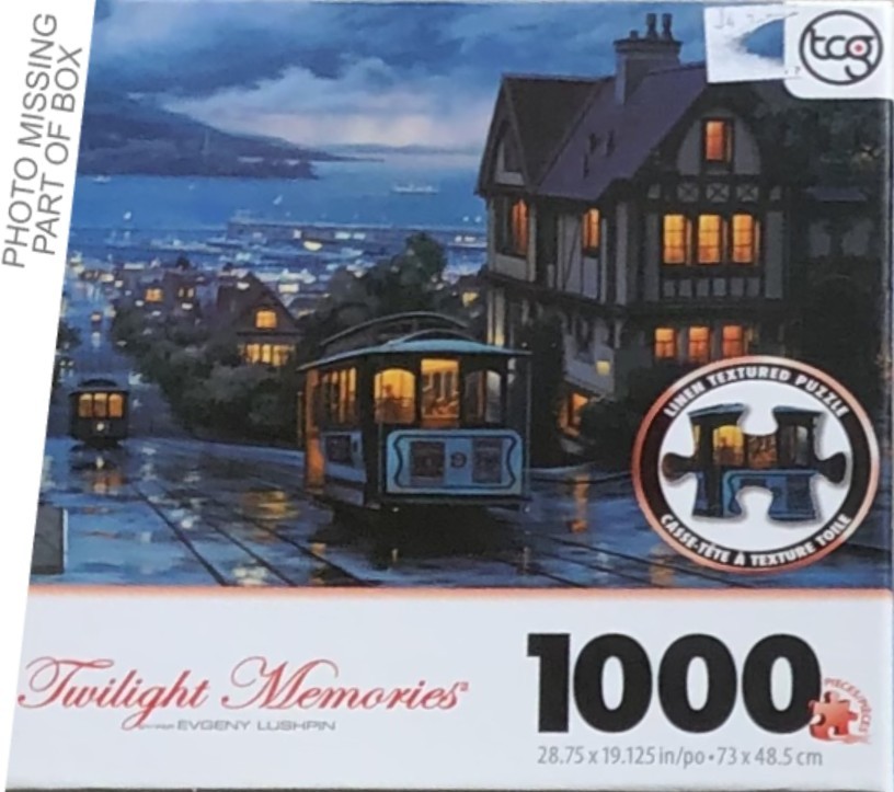 An oil painting style illustration of a San Francisco cable car on a street at twilight overlooking a bay.
