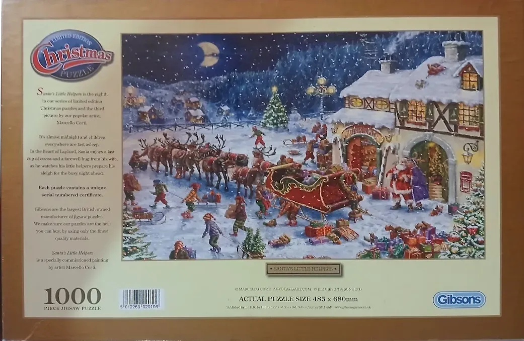 A night scene of Santa's workshop in Lapland with reindeer and elves preparing a sleigh for Christmas Eve.
