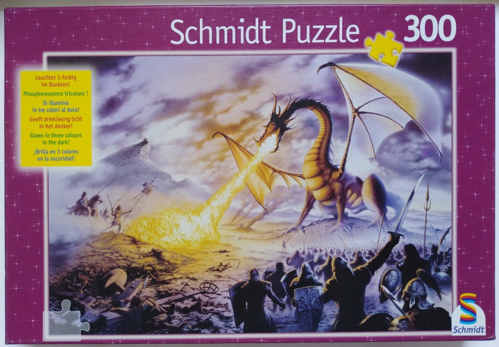 A fantasy illustration of a golden dragon breathing fire at a group of medieval soldiers on a desolate battlefield.
