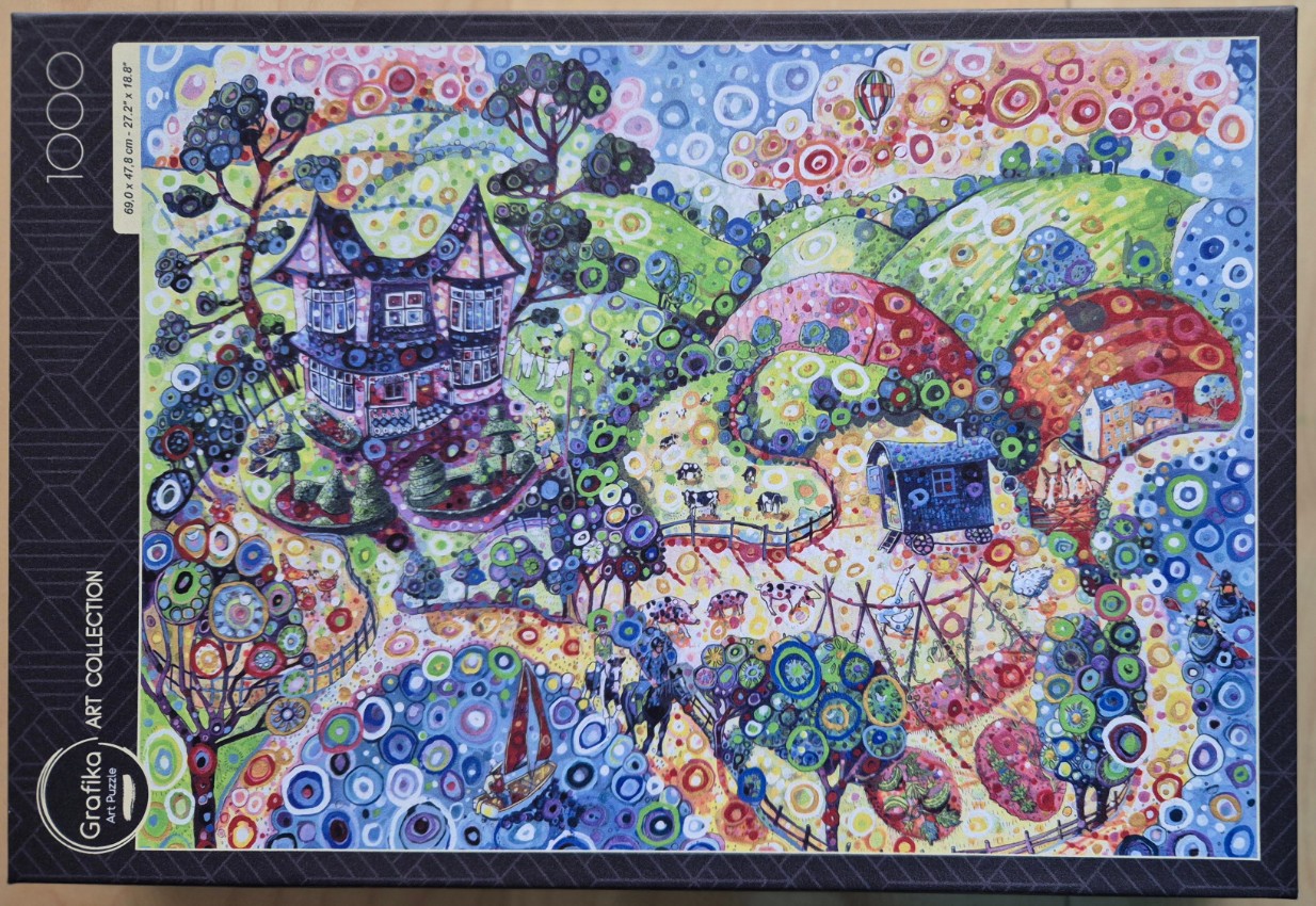 Whimsical folk art painting of a house, farm animals, and rolling hills with stylized circular patterns.