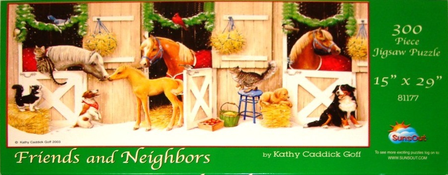 A cozy winter scene featuring horses, cats, and dogs gathered in front of rustic wooden horse stalls.