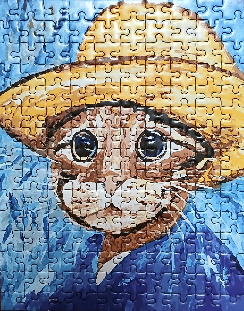 Illustration of a brown tabby cat with large, expressive eyes wearing a yellow straw hat against a blue background.