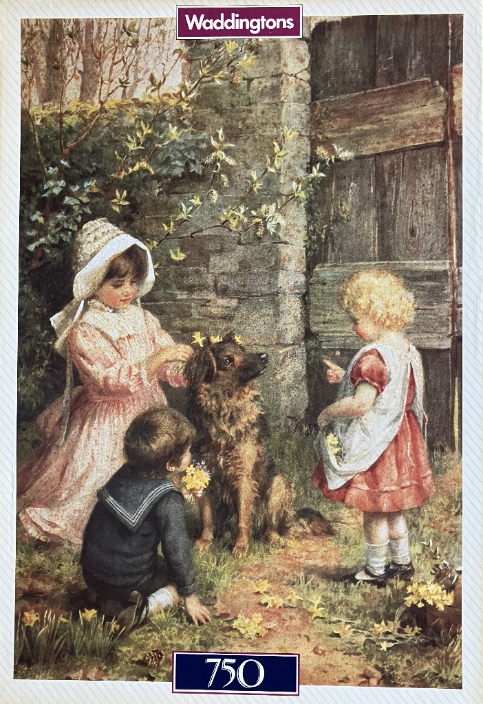 Vintage illustration of two young girls and a boy playing with a dog in a garden near a stone wall and wooden gate.