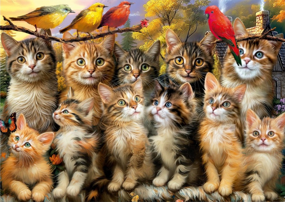 A group of ten fluffy kittens posing with birds in a sunlit autumnal garden