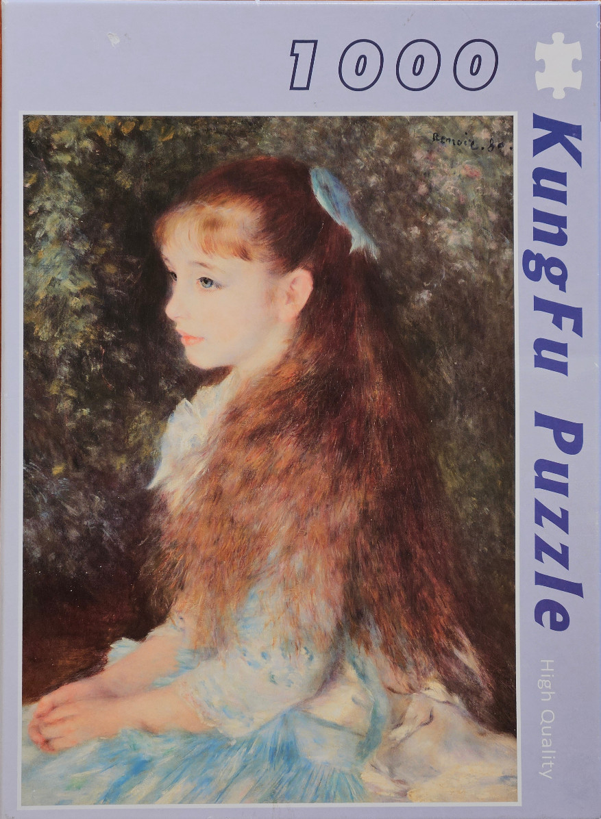 Oil painting of a young girl with long, wavy reddish-brown hair, wearing a light blue dress.