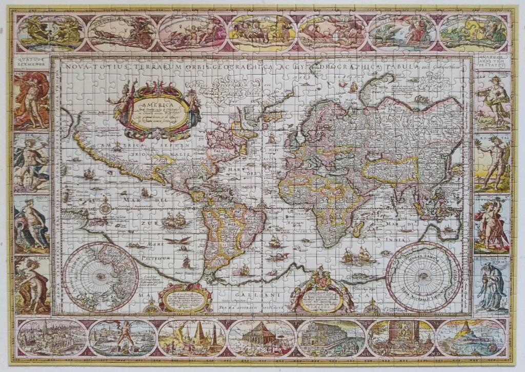 A vintage-style world map with decorative borders featuring allegorical figures and cityscapes.