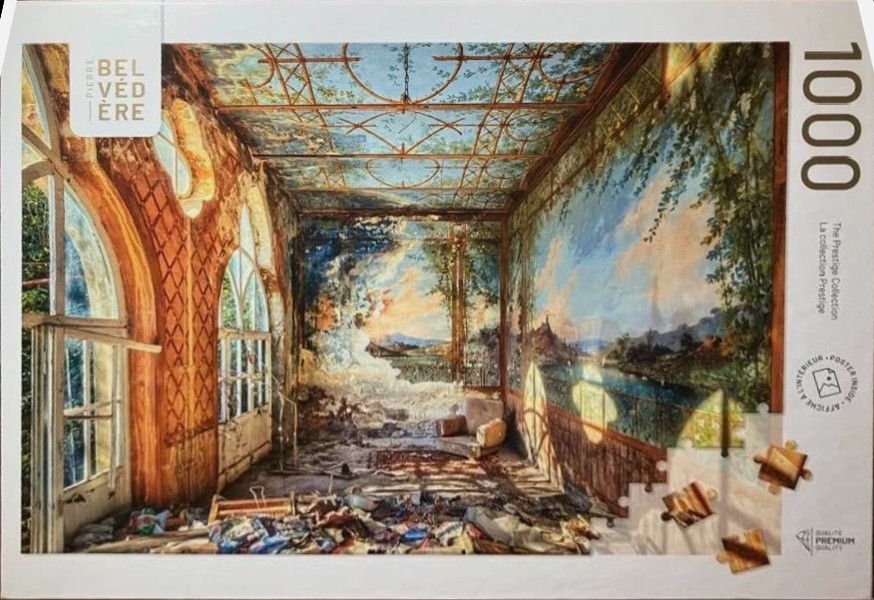 Abandoned room with decaying ornate walls and painted murals of a landscape