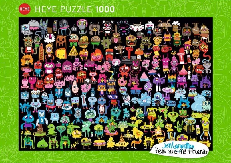 Doodle artwork featuring dozens of colorful, whimsical cartoon monsters on a black background.